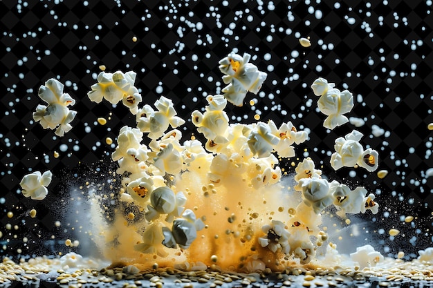 Popcorn Explosion With Popcorn Kernels Butter and Microwave PNG Neon Effect on Dark Background