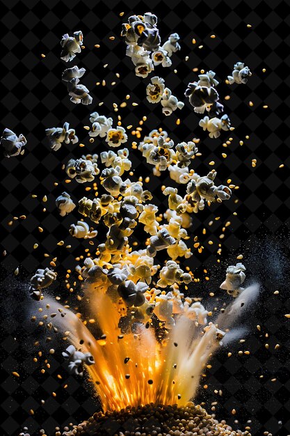 Popcorn Explosion With Popcorn Kernels Butter and Microwave PNG Neon Effect on Dark Background