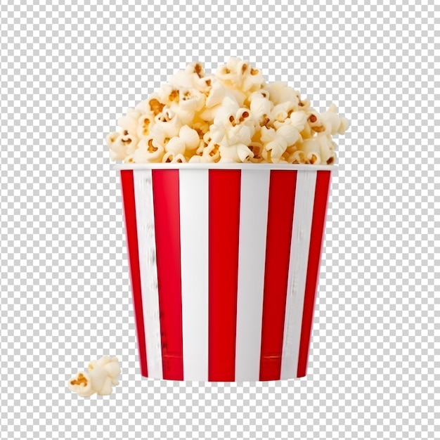 Popcorn in red and white striped cardboard bucket isolated on PNG background