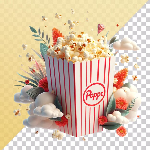 PSD popcorn striped box with popcorns floating out of it are isolated on a transparent background