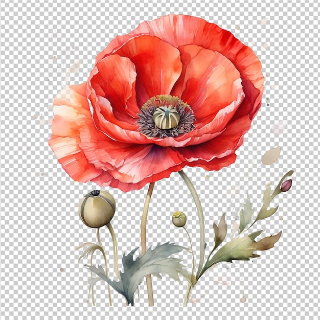 PSD poppy flower bouquet design watercolor one poppy flower background design