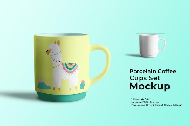 Porcelain coffee cups set mockup