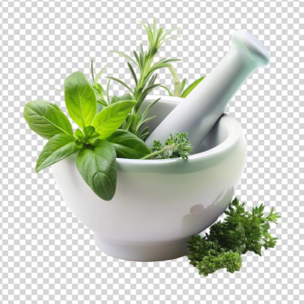 Porcelain mortar with herb Isolated on transparent background