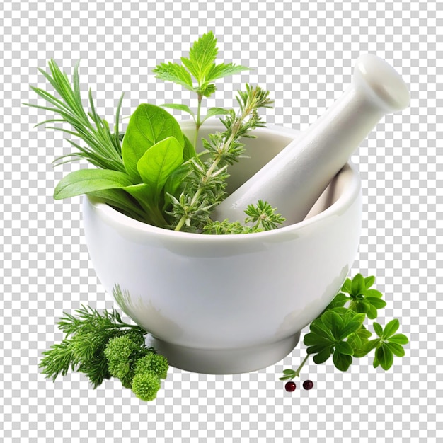 Porcelain mortar with herb Isolated on transparent background