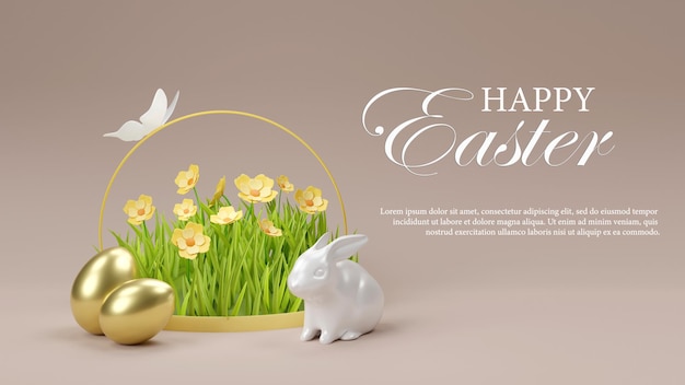 Porcelain rabbit golden eggs Easter day 3d render template