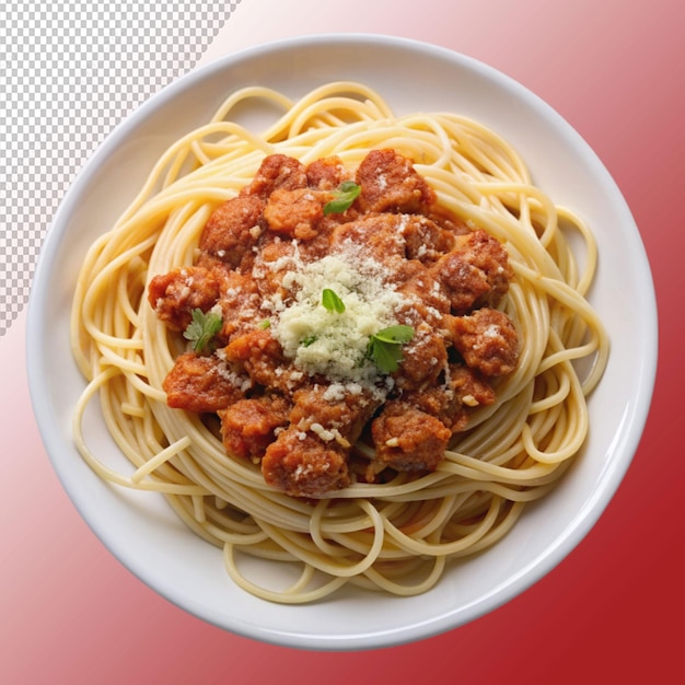 PSD pork bolognese spaghetti with parmesan cheese isolated on transparent background