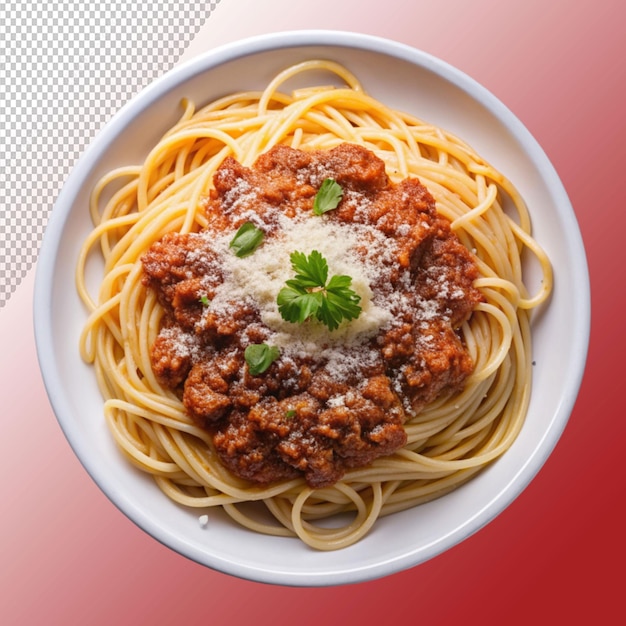 PSD pork bolognese spaghetti with parmesan cheese isolated on transparent background