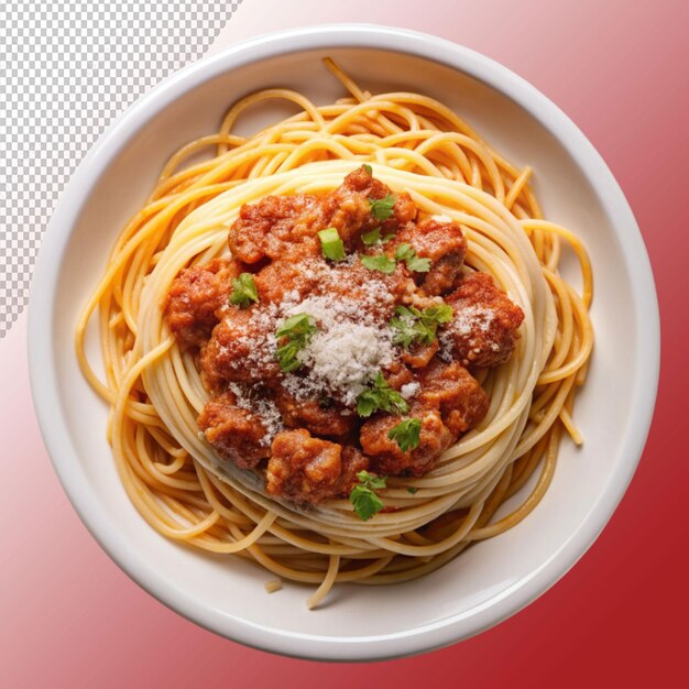 PSD pork bolognese spaghetti with parmesan cheese isolated on transparent background