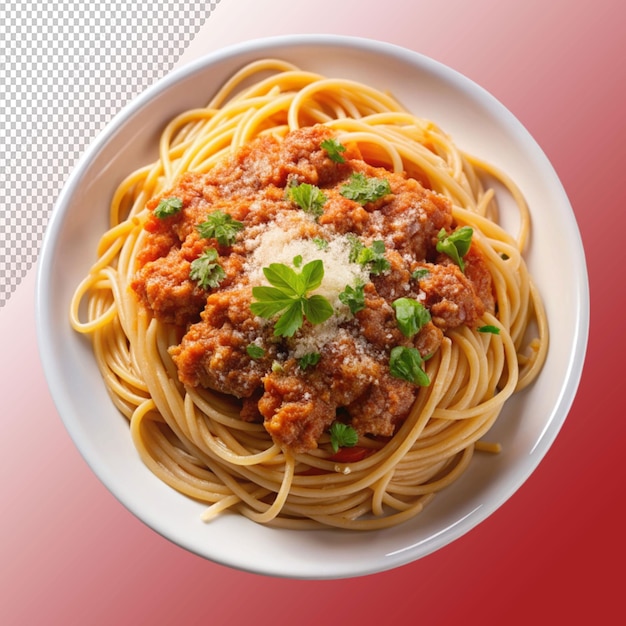 PSD pork bolognese spaghetti with parmesan cheese isolated on transparent background