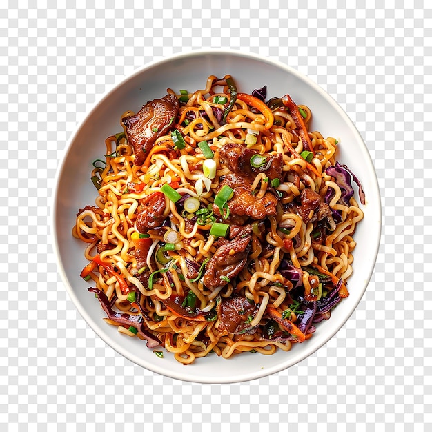 PSD pork fried noodle served in a dish isolated on a transparent background generative ai