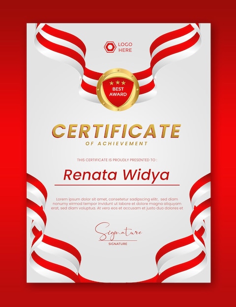 portrait A4 certificate red white with indonesian flag