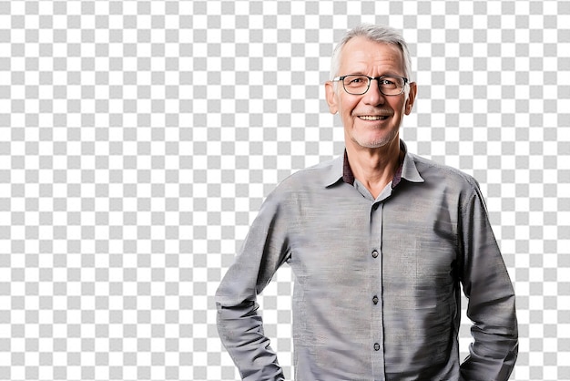 portrait of aged man wearing casual shirt posing on isolated background