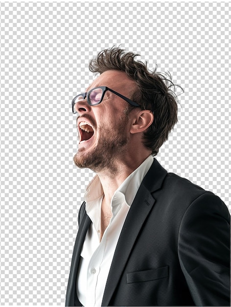 Portrait of Angry businessman screaming isolated on transparent background