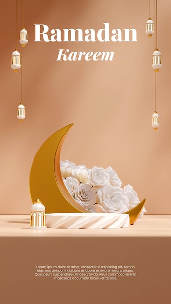 in portrait arabian lamp and white flower ramadan kareem, 3d rendering blank mockup white podium