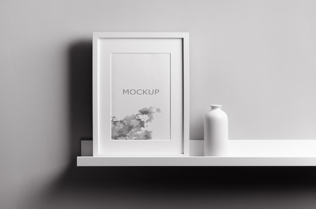 Portrait artwork frame mockup on white shelf with ceramic vase