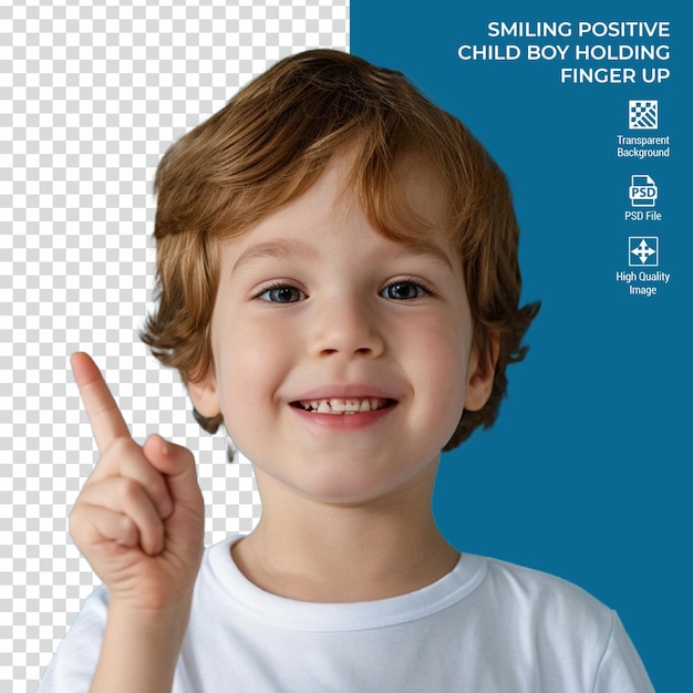 Portrait of Asian boy smiling pointing holding finger up isolated on transparent background psd