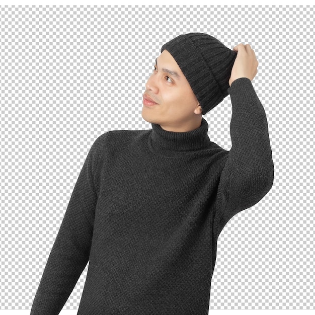 Portrait of Asian man wearing sweater and beanie cutout Psd file