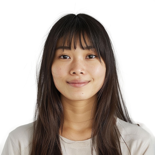 A portrait of an Asian woman with straight bangs smiling and looking at the camera against