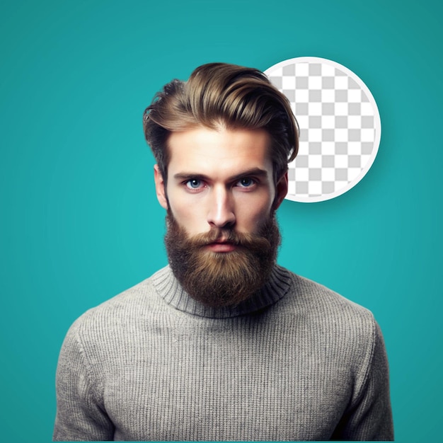 PSD portrait of attractive bearded young caucasian man in casual gray tshirt standing against wall looking serious and confident