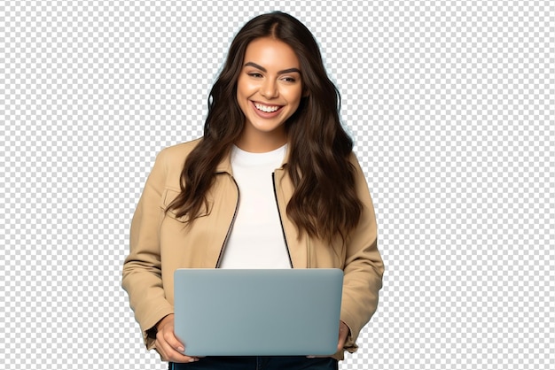 Portrait of attractive cheerful girl holding laptop isolated on a transparent background