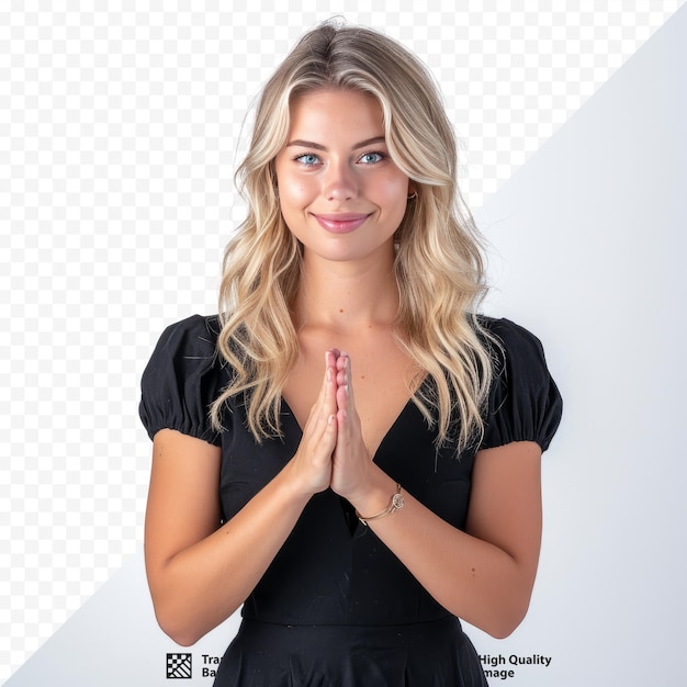 PSD portrait of an attractive smiling blonde woman dressed in black dress standing isolated over white isolated background holding fingers crossed for good luck