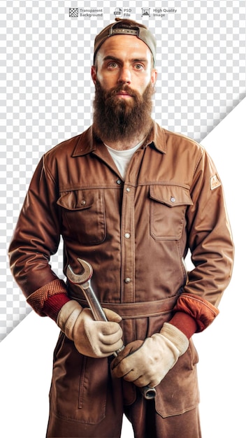 PSD portrait of bearded mechanic holding wrench in uniform