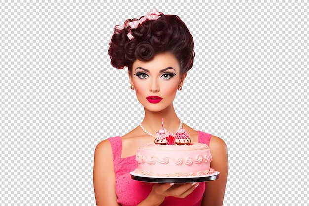 Portrait of beautiful pinup woman holding cake in hands isolated on a transparent background