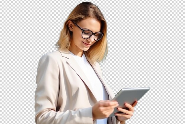 PSD portrait of business woman using tablet isolated on a transparent background