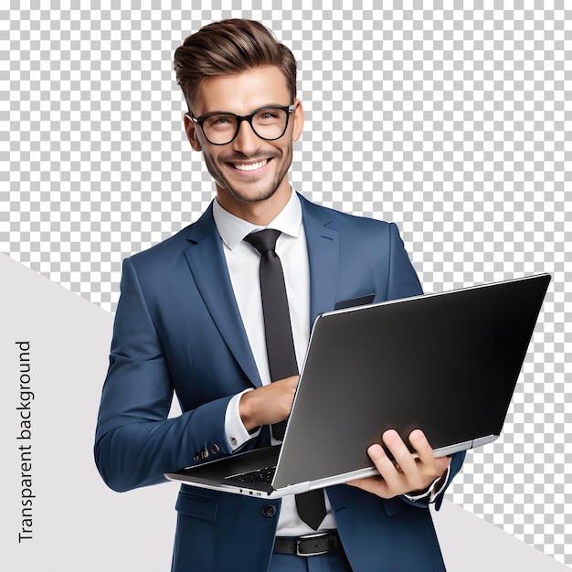 Portrait of businessman holding a laptop isolated on transparent background