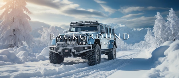 portrait of a car driving on a snowy road in the wilderness during winter on a sunny day