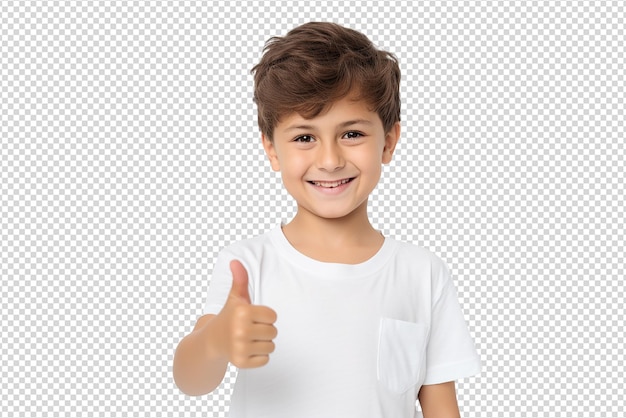 Portrait of cheerful kid smiling and showing thumb up over isolated on a transparent background