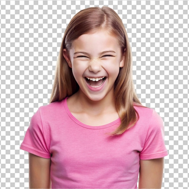 Portrait of cheerful little girl looking up in pink t short