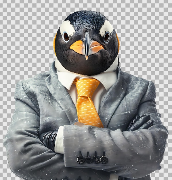 PSD portrait of confident business penguin on isolated transparent background