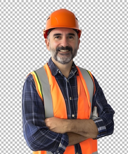 Portrait of a construction worker on a transparent background with arms crossed