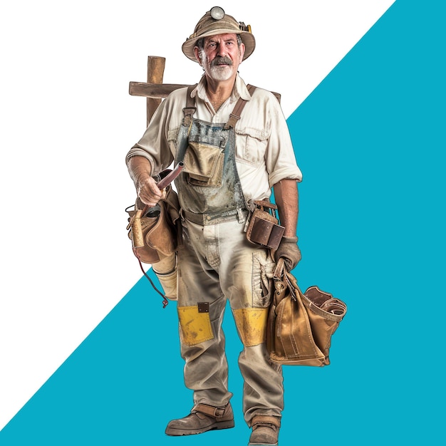 Portrait of a craftsman with a hammer and a bag Isolated over white background