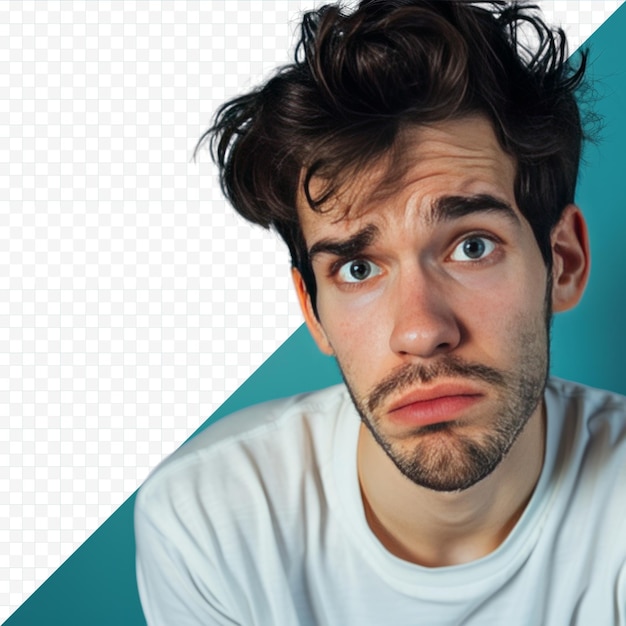 PSD portrait of a desperate young man looking sadly into the camera regretting his mistake indoor studio shot isolated on blue isolated background