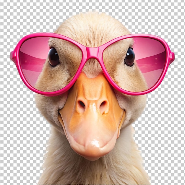 PSD portrait of a duck wearing pink star shaped sunglasses on transparent background