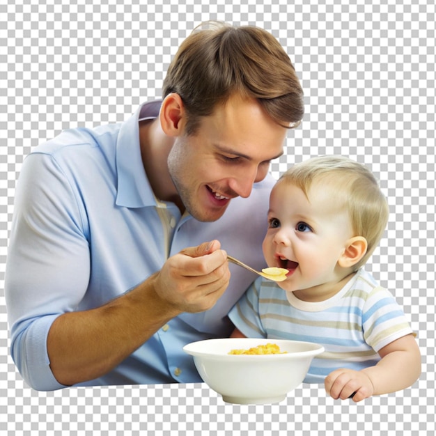 portrait father feeding cute son on transparent background