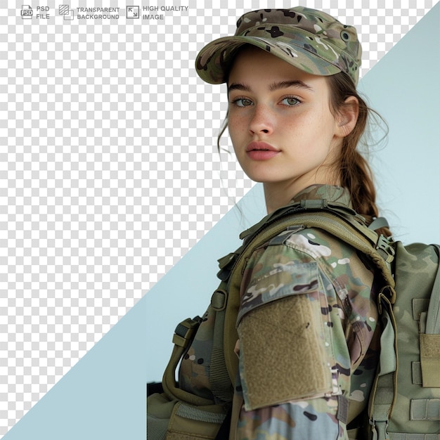 Portrait of female soldier or force isolated on transparent or white background png