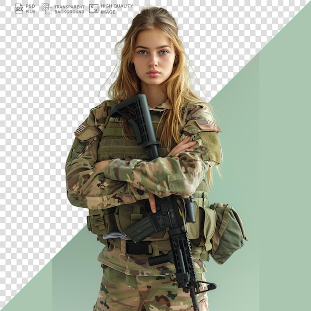 Portrait of female soldier or force isolated on transparent or white background png