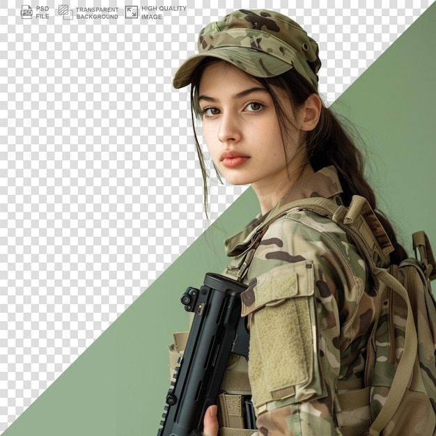 Portrait of female soldier or force isolated on transparent or white background png