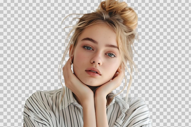 Portrait girl looking away blonde dressed in striped shirt Fashion concept on isolated transparent background