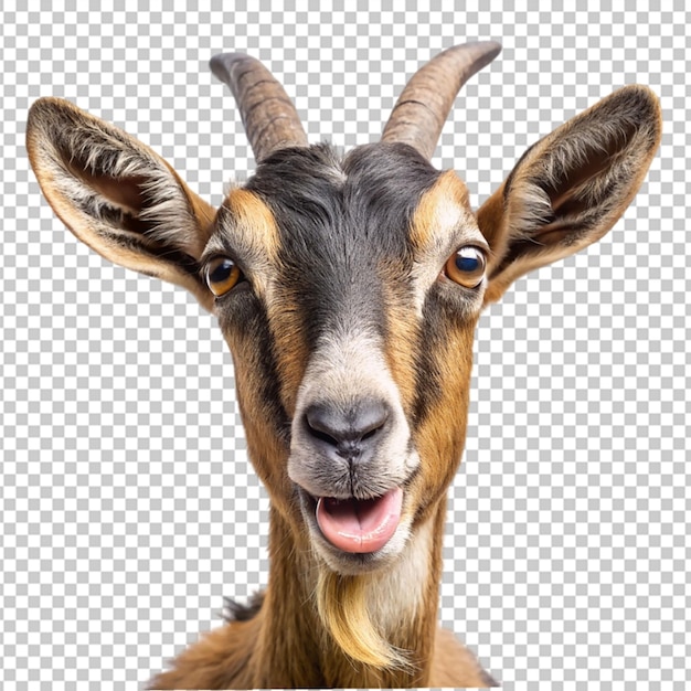 portrait of a goat showing tongue on transparent background