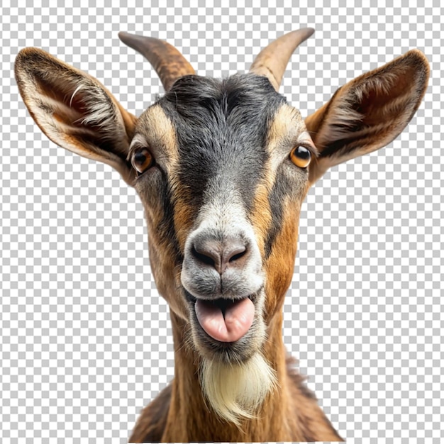 PSD portrait of a goat showing tongue on transparent background