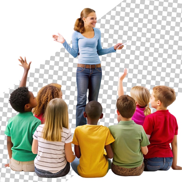 PSD portrait of a gorgeous preschool teacher enjoying her job and smiling while sitting in the classroom floor with her students