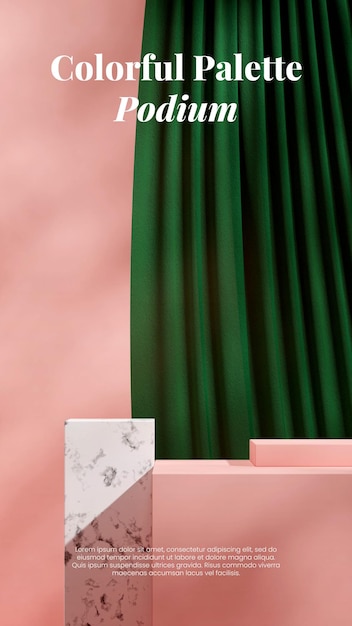 PSD in portrait green color curtain 3d render blank mockup white marble and pink color block podium