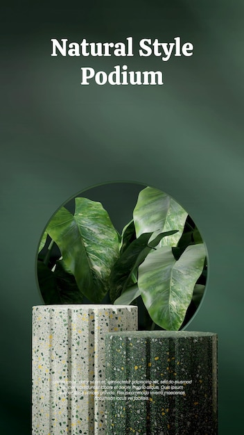 in portrait green wall and alocasia plant rendering 3d empty space green terrazzo textured podium