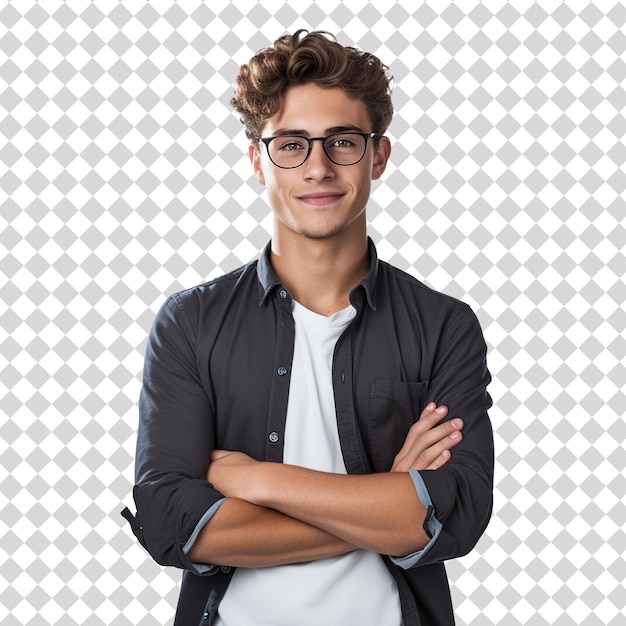 Portrait of a handsome guy with hands closed isolated on transparent background PNG file format