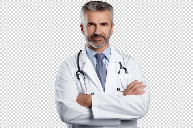 PSD portrait of handsome men doctor arm crossed isolated on transparent background