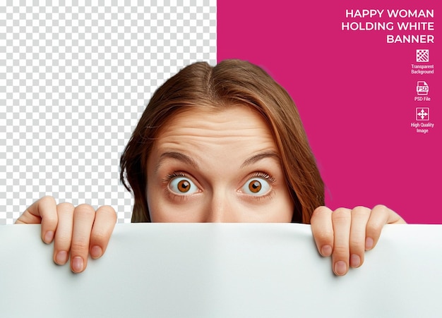 PSD portrait of happy woman holding white banner isolated on transparent background psd